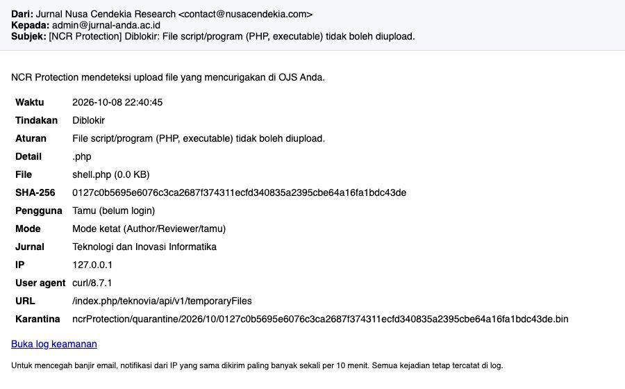 Email notifikasi NCR Protection berisi waktu, aturan yang dilanggar, nama file, pengguna, IP, dan lokasi karantina