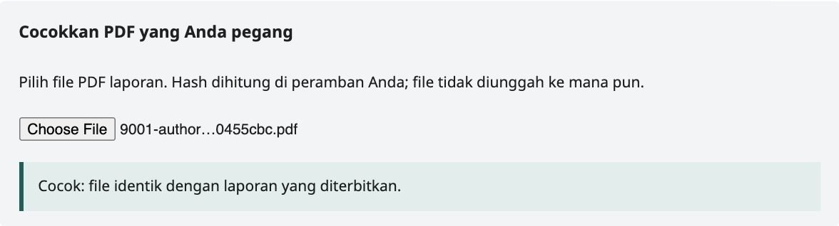 Pencocokan PDF di halaman verifikasi: file identik dengan laporan yang diterbitkan