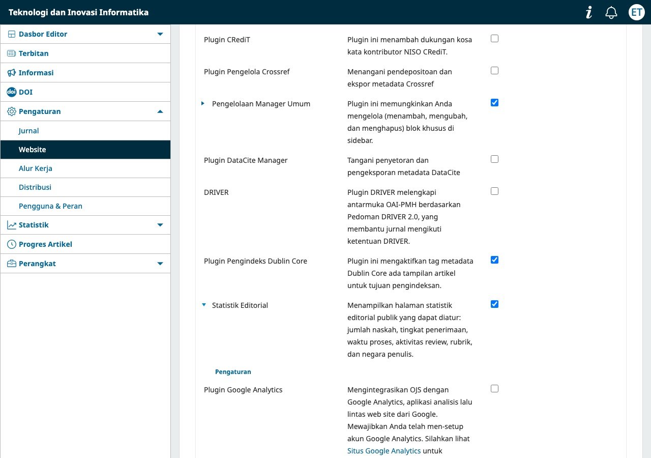 Plugin Statistik Editorial aktif di daftar plugin OJS