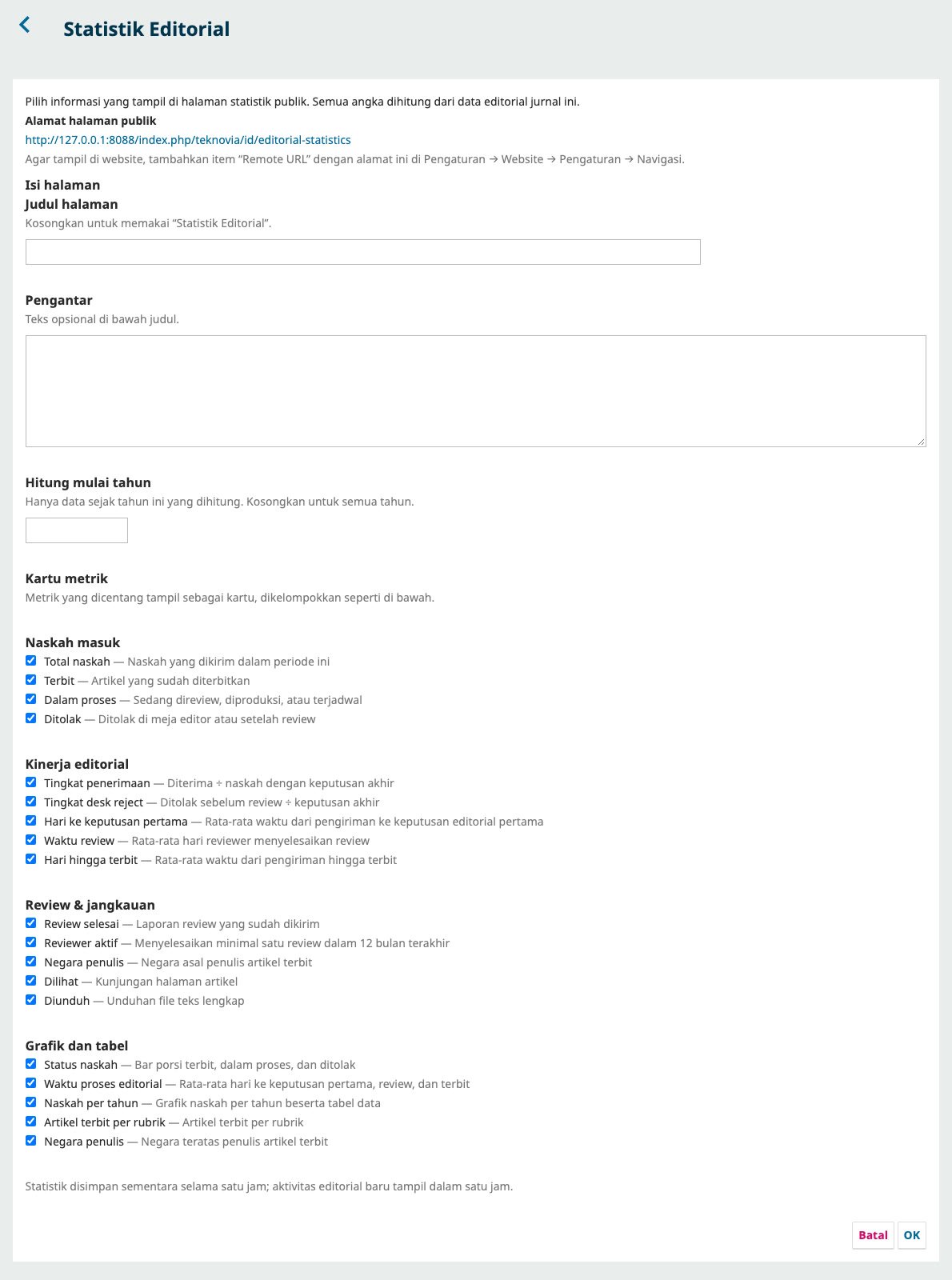 Modal pengaturan plugin Statistik Editorial