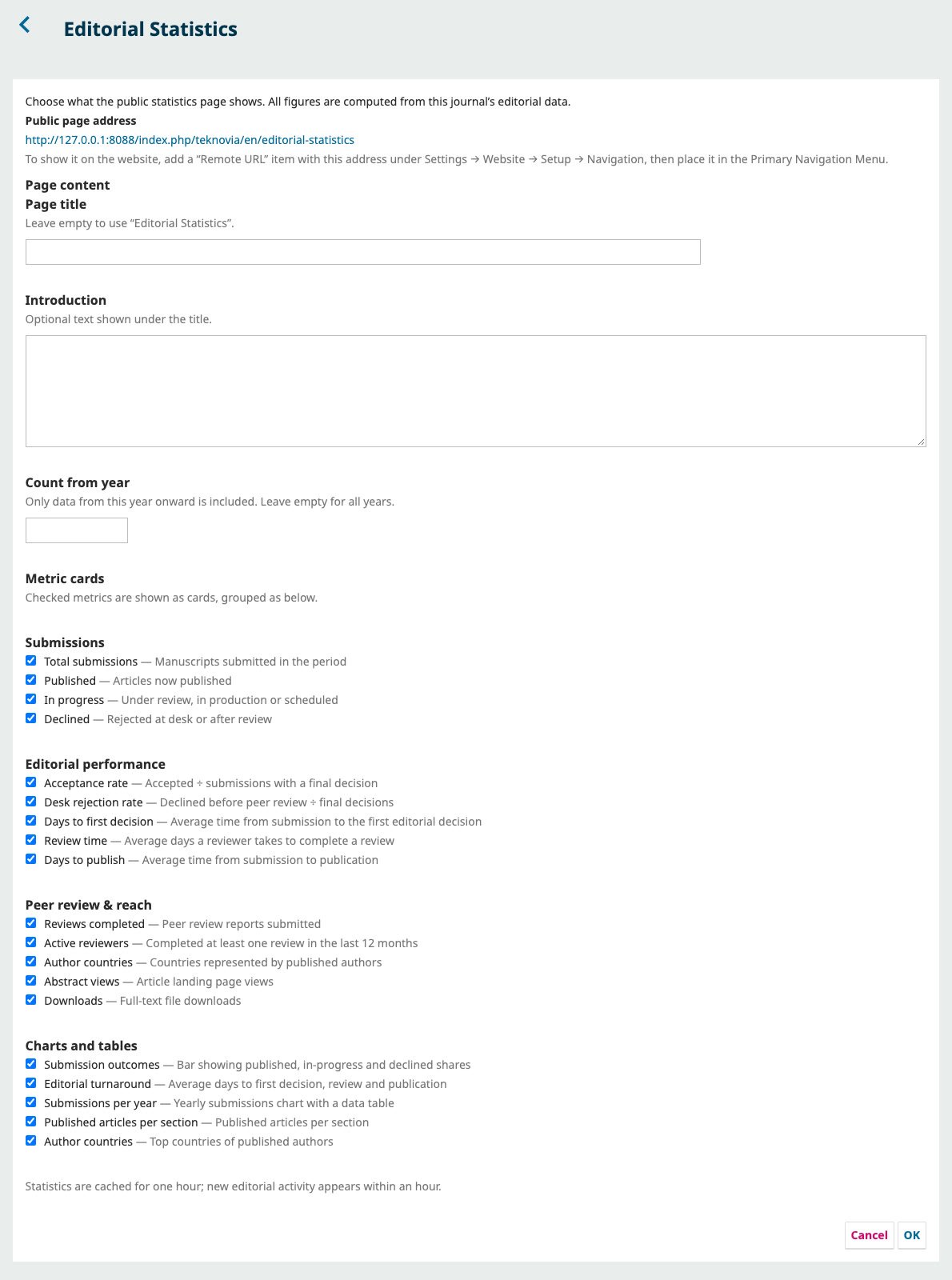 Editorial Statistics plugin settings window