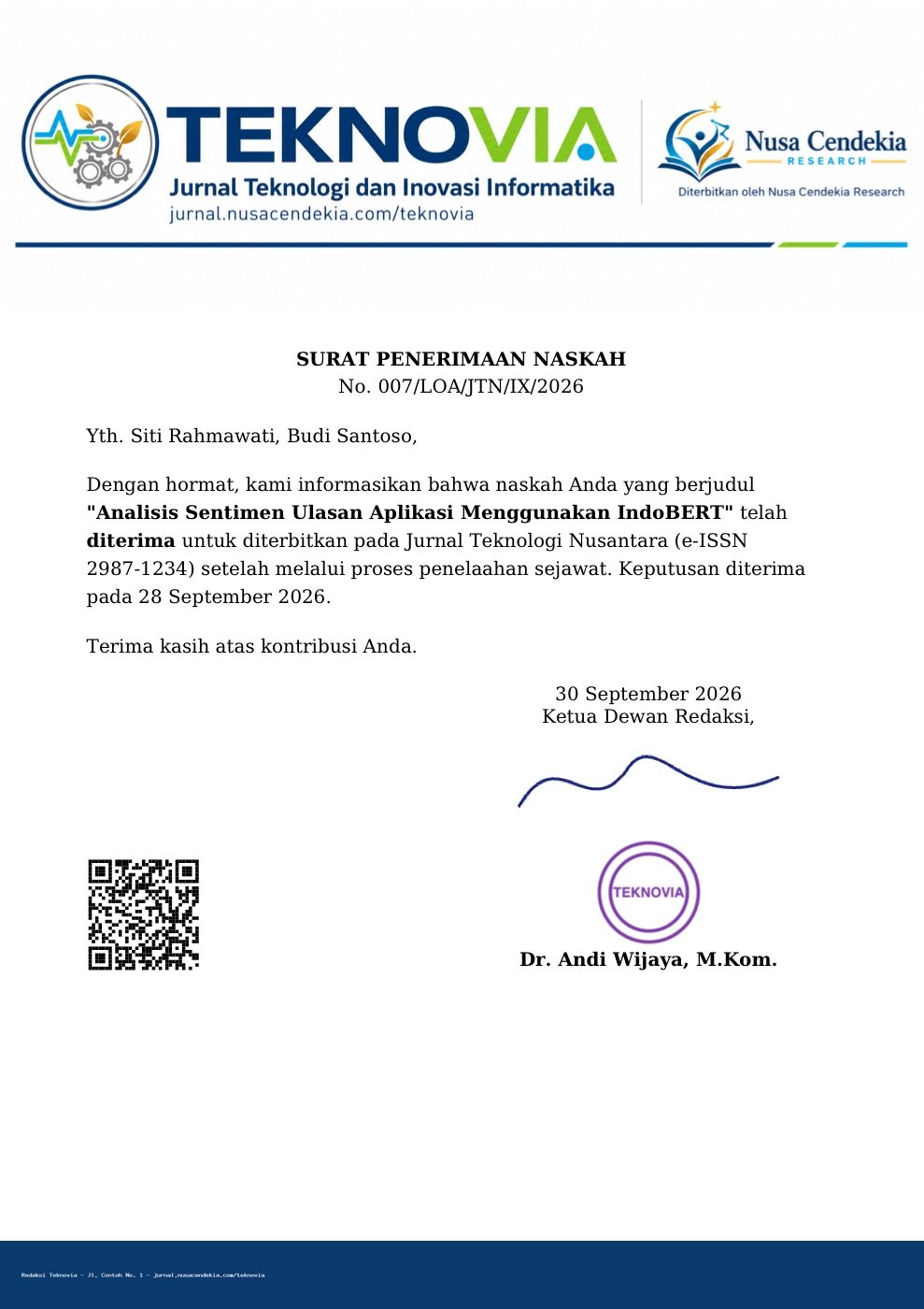 Contoh Letter of Acceptance (LOA) jurnal dengan kop, tanda tangan, dan QR verifikasi